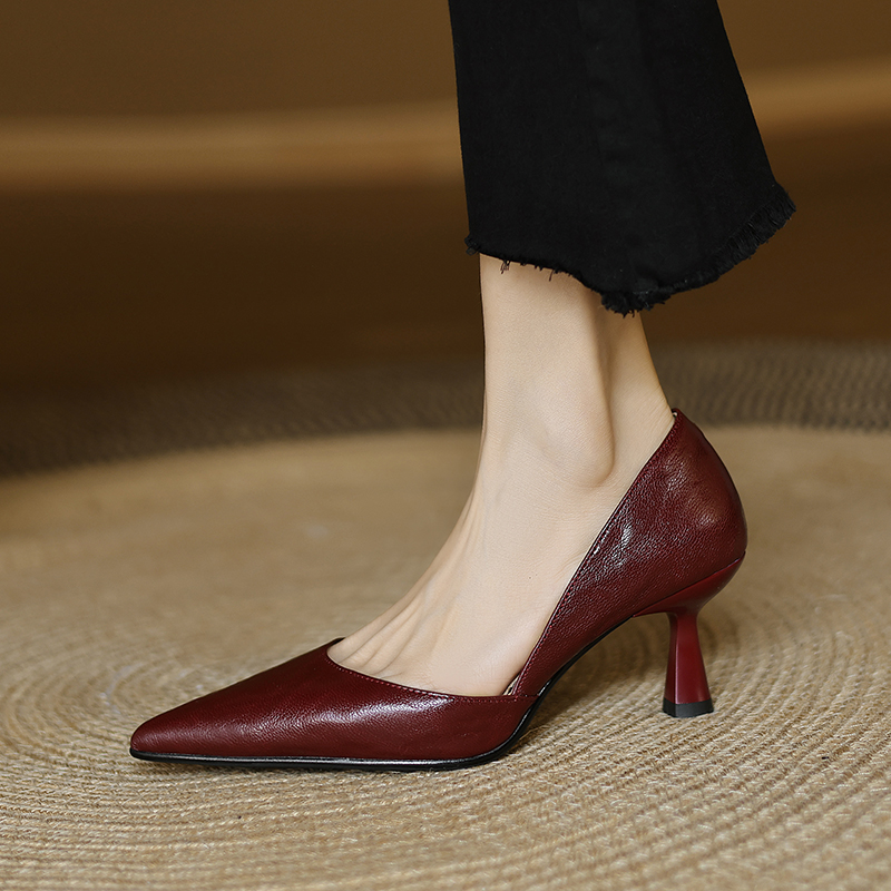 Genuine Leather French Vintage Pointed Toe High Heels for Women - Elegant Thin Heel Shallow Mouth Design Genuine Leather French Vintage Pointed Toe High Heels for Women - Elegant Thin Heel Shallow Mouth Design