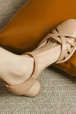 Genuine Leather Hollow High Heel Mary Jane Sandals for Women - Chunky Heel, Round Toe, Italian Style, Summer Fashion