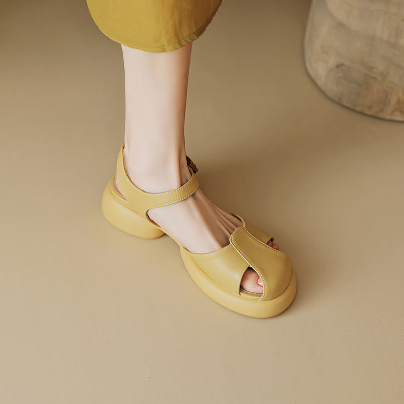 Genuine Leather Hollow Out Open-Toe Sandals for Women - Summer 2025 Height-Increasing Thick Sole One-Strap Design Genuine Leather Hollow Out Open-Toe Sandals for Women - Summer 2025 Height-Increasing Thick Sole One-Strap Design
