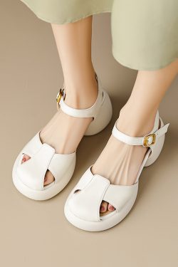 Genuine Leather Hollow Out Open-Toe Sandals for Women - Summer 2025 Height-Increasing Thick Sole One-Strap Design