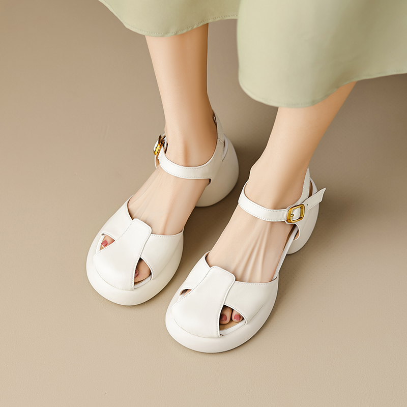 Genuine Leather Hollow Out Open-Toe Sandals for Women - Summer 2025 Height-Increasing Thick Sole One-Strap Design Genuine Leather Hollow Out Open-Toe Sandals for Women - Summer 2025 Height-Increasing Thick Sole One-Strap Design