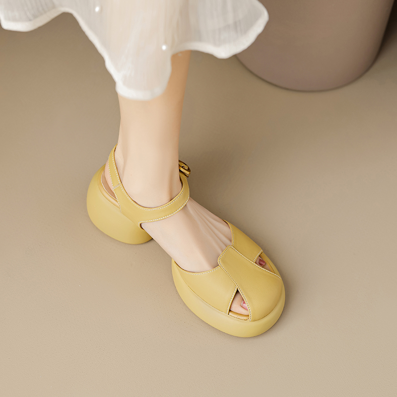 Genuine Leather Hollow Out Open-Toe Sandals for Women - Summer 2025 Height-Increasing Thick Sole One-Strap Design Genuine Leather Hollow Out Open-Toe Sandals for Women - Summer 2025 Height-Increasing Thick Sole One-Strap Design