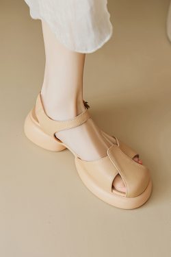 Genuine Leather Hollow Out Open-Toe Sandals for Women - Summer 2025 Height-Increasing Thick Sole One-Strap Design