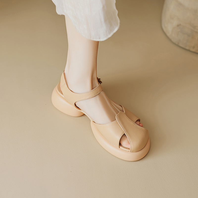 Genuine Leather Hollow Out Open-Toe Sandals for Women - Summer 2025 Height-Increasing Thick Sole One-Strap Design Genuine Leather Hollow Out Open-Toe Sandals for Women - Summer 2025 Height-Increasing Thick Sole One-Strap Design