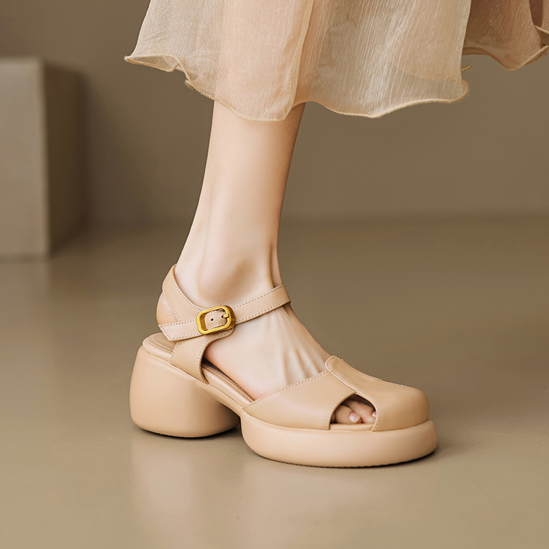 Genuine Leather Hollow Out Open-Toe Sandals for Women - Summer 2025 Height-Increasing Thick Sole One-Strap Design Genuine Leather Hollow Out Open-Toe Sandals for Women - Summer 2025 Height-Increasing Thick Sole One-Strap Design