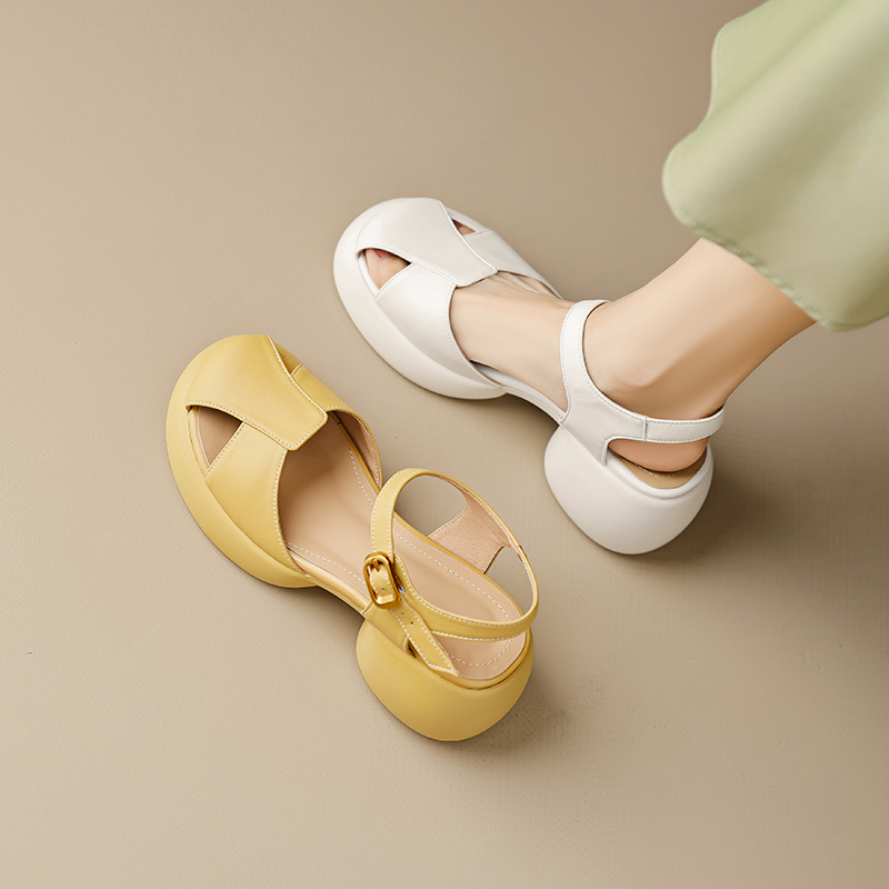 Genuine Leather Hollow Out Open-Toe Sandals for Women - Summer 2025 Height-Increasing Thick Sole One-Strap Design Genuine Leather Hollow Out Open-Toe Sandals for Women - Summer 2025 Height-Increasing Thick Sole One-Strap Design