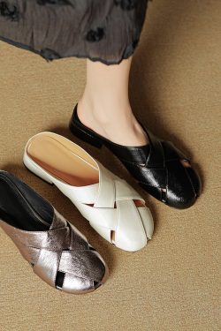 Genuine Leather Hollow-Out Toe Half Slippers - Woven Low-Heeled Fashionable Sandals for Skirts, Italian Style, Trendy Footwear