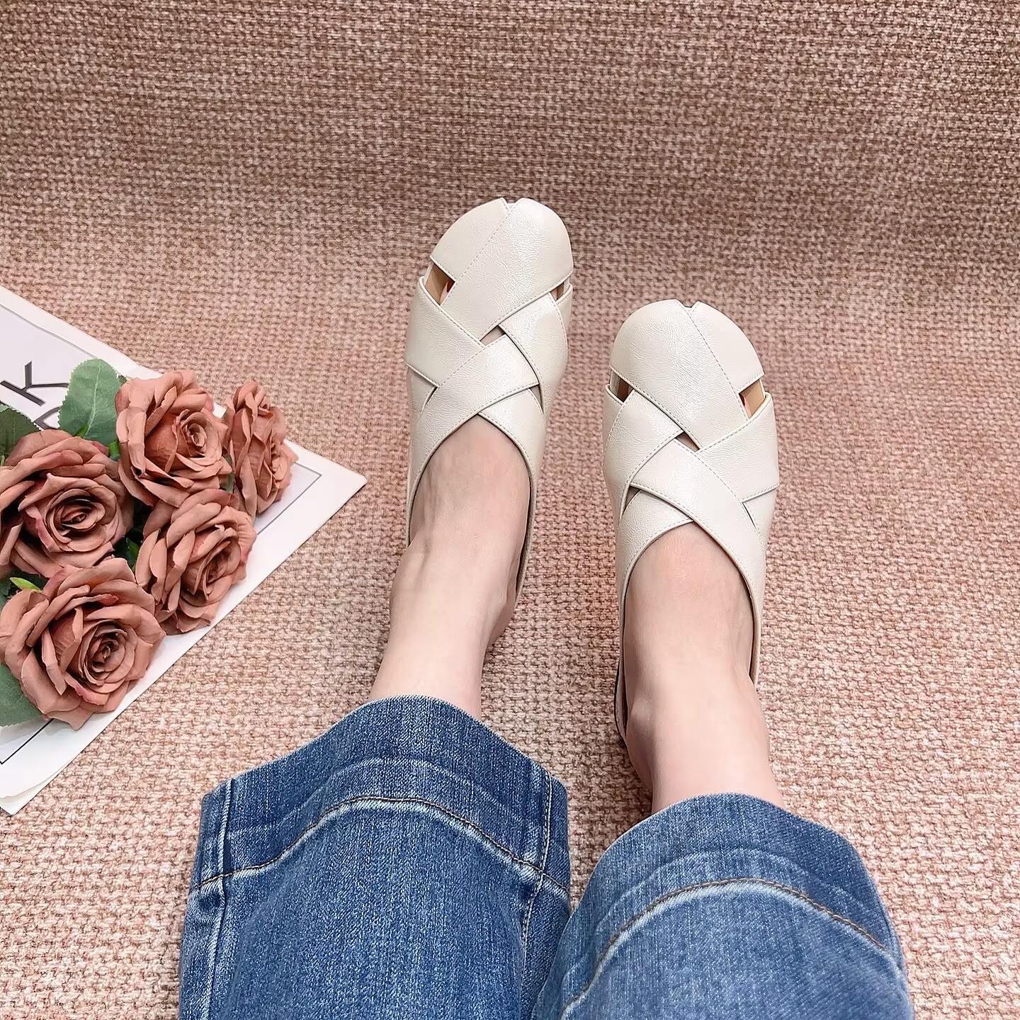 Genuine Leather Hollow-Out Toe Half Slippers - Woven Low-Heeled Fashionable Sandals for Skirts, Italian Style, Trendy Footwear Genuine Leather Hollow-Out Toe Half Slippers - Woven Low-Heeled Fashionable Sandals for Skirts, Italian Style, Trendy Footwear