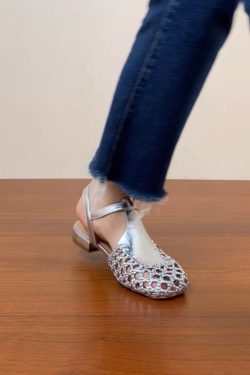 Genuine Leather Hollow Woven Low-Heeled Open-Toe Sandals for Women - Summer 2025 Chunky Heeled Roman Style, Breathable Comfort