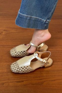 Genuine Leather Hollow Woven Low-Heeled Open-Toe Sandals for Women - Summer 2025 Chunky Heeled Roman Style, Breathable Comfort