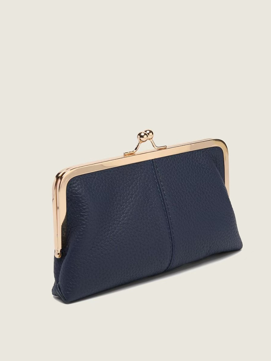 Genuine Leather Long Clutch Wallet - Minimalist Solid Color Clip Bag with High-End Metal Frame, Large Capacity Coin Purse for Women Genuine Leather Long Clutch Wallet - Minimalist Solid Color Clip Bag with High-End Metal Frame, Large Capacity Coin Purse for Women