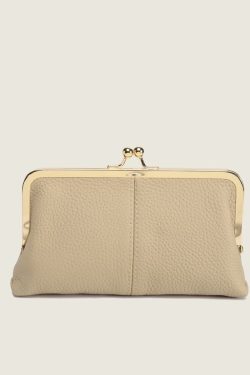 Genuine Leather Long Clutch Wallet - Minimalist Solid Color Clip Bag with High-End Metal Frame, Large Capacity Coin Purse for Women