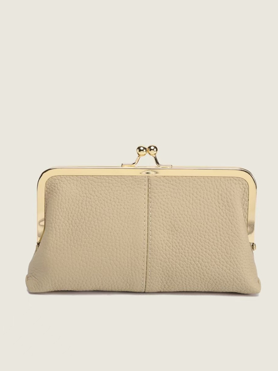 Genuine Leather Long Clutch Wallet - Minimalist Solid Color Clip Bag with High-End Metal Frame, Large Capacity Coin Purse for Women Genuine Leather Long Clutch Wallet - Minimalist Solid Color Clip Bag with High-End Metal Frame, Large Capacity Coin Purse for Women