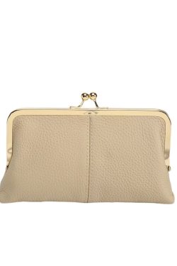 Genuine Leather Long Clutch Wallet - Minimalist Solid Color Clip Bag with High-End Metal Frame, Large Capacity Coin Purse for Women