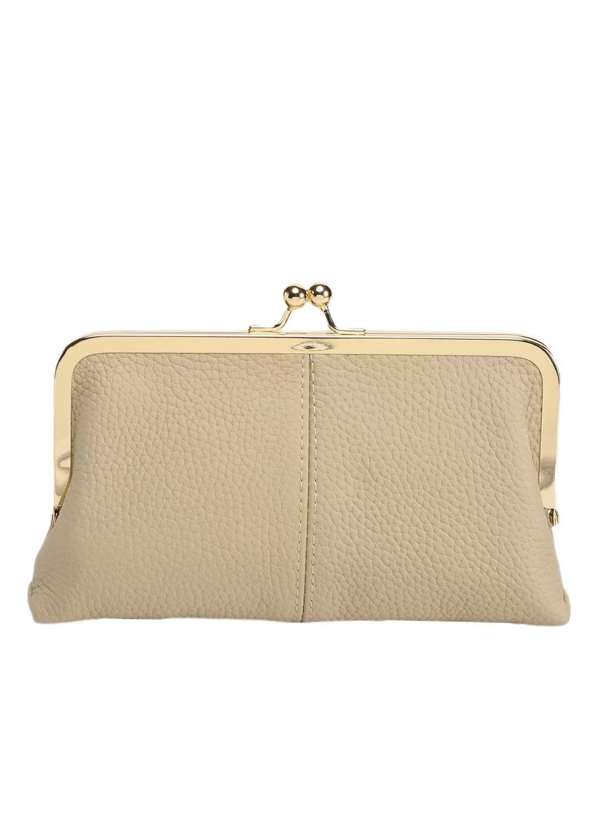 Genuine Leather Long Clutch Wallet - Minimalist Solid Color Clip Bag with High-End Metal Frame, Large Capacity Coin Purse for Women Genuine Leather Long Clutch Wallet - Minimalist Solid Color Clip Bag with High-End Metal Frame, Large Capacity Coin Purse for Women