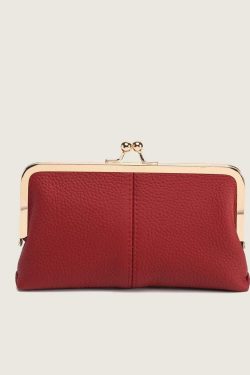 Genuine Leather Long Clutch Wallet - Minimalist Solid Color Clip Bag with High-End Metal Frame, Large Capacity Coin Purse for Women