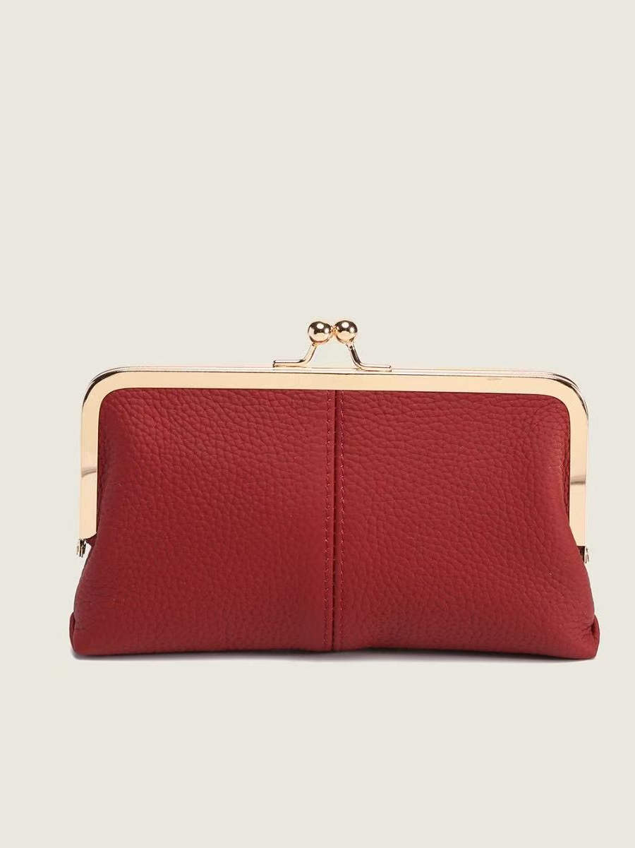 Genuine Leather Long Clutch Wallet - Minimalist Solid Color Clip Bag with High-End Metal Frame, Large Capacity Coin Purse for Women Genuine Leather Long Clutch Wallet - Minimalist Solid Color Clip Bag with High-End Metal Frame, Large Capacity Coin Purse for Women