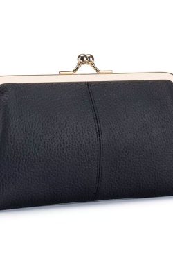 Genuine Leather Long Clutch Wallet - Minimalist Solid Color Clip Bag with High-End Metal Frame, Large Capacity Coin Purse for Women