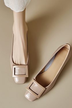 Genuine Leather Mid-Heel Square Toe Shoes for Women - Elegant Chunky Heel, Shallow Mouth Design, Classic Style