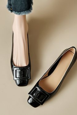 Genuine Leather Mid-Heel Square Toe Shoes for Women - Elegant Chunky Heel, Shallow Mouth Design, Classic Style