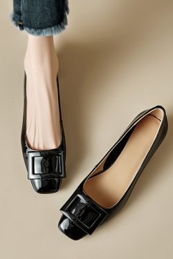 Genuine Leather Mid-Heel Square Toe Shoes for Women - Elegant Chunky Heel, Shallow Mouth Design, Classic Style