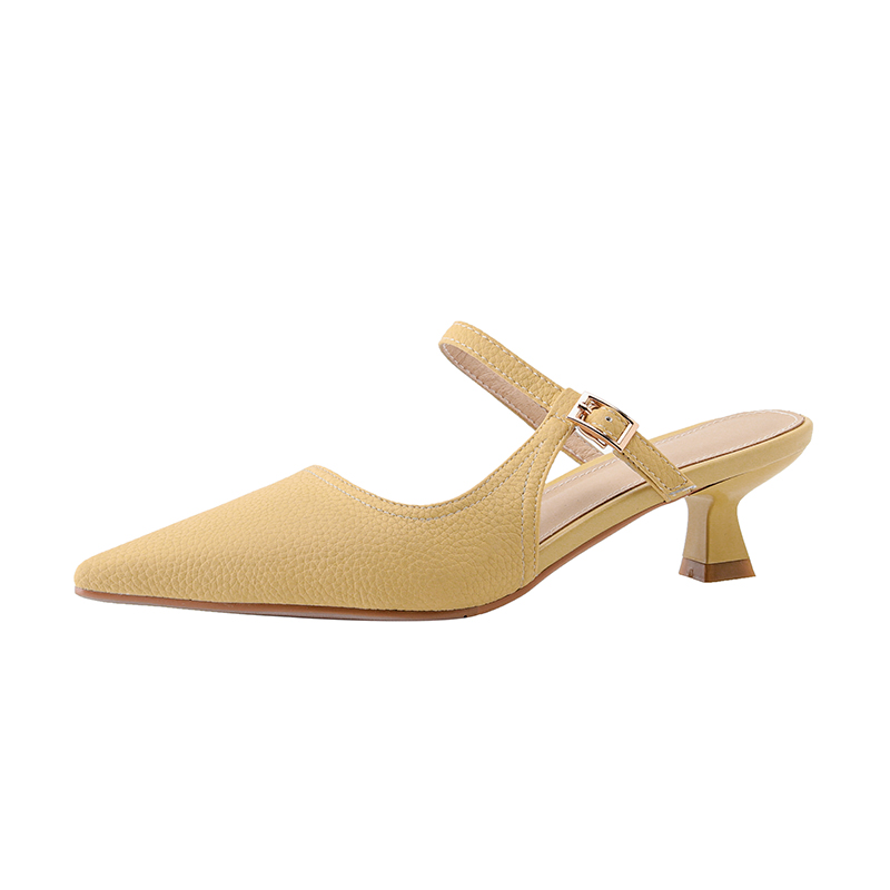 Genuine Leather One-Strap Open-Toe Half-Drag Sandals with Pointed Kitten Heels - Chic Summer Footwear for Stylish Outfits Genuine Leather One-Strap Open-Toe Half-Drag Sandals with Pointed Kitten Heels - Chic Summer Footwear for Stylish Outfits