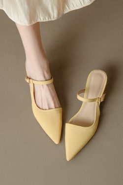 Genuine Leather One-Strap Open-Toe Half-Drag Sandals with Pointed Kitten Heels - Chic Summer Footwear for Stylish Outfits