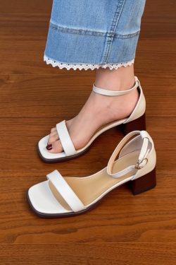 Genuine Leather One-Strap Thick-Heeled Open-Toe Sandals for Women - Summer Brown Square-Toe Mid-Heel Shoes Size 41