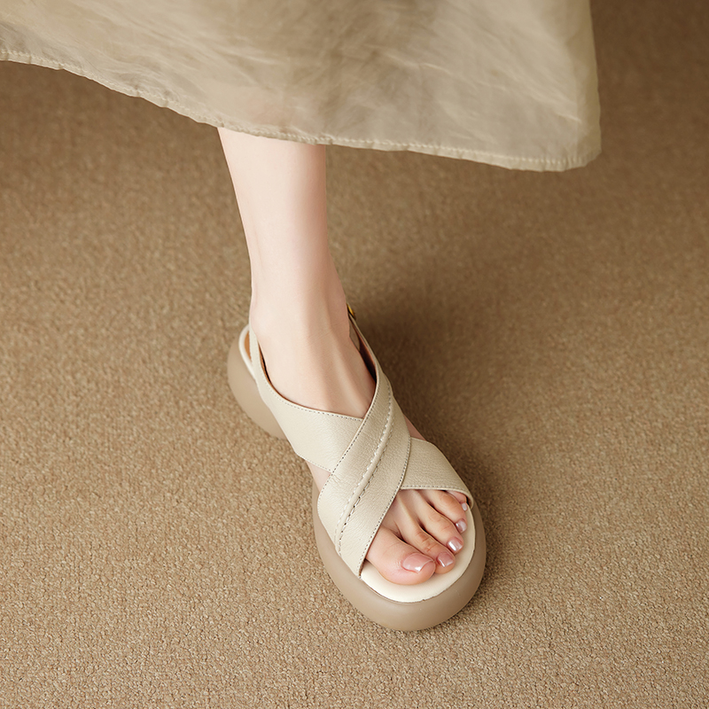 Genuine Leather Open Toe Cross Strap Sandals for Women - Thick Sole Summer Footwear 2025, Casual Round Toe Design Genuine Leather Open Toe Cross Strap Sandals for Women - Thick Sole Summer Footwear 2025, Casual Round Toe Design