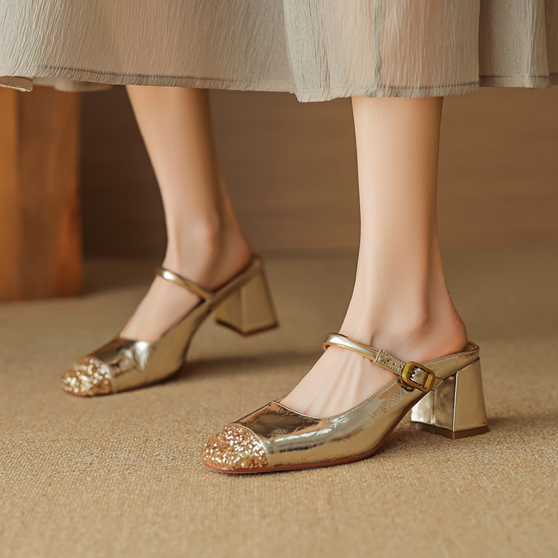 Genuine Leather Open-Toe Half Slippers for Women - Summer Mary Jane Sandals, Stylish Outdoor Footwear, Chic Italian Design Genuine Leather Open-Toe Half Slippers for Women - Summer Mary Jane Sandals, Stylish Outdoor Footwear, Chic Italian Design