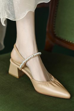 Genuine Leather Pointed Toe Chunky High Heel Backless Sandals – Fairy Style Italian Corso Venezia Inspired Design