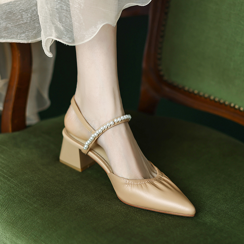 Genuine Leather Pointed Toe Chunky High Heel Backless Sandals – Fairy Style Italian Corso Venezia Inspired Design Genuine Leather Pointed Toe Chunky High Heel Backless Sandals – Fairy Style Italian Corso Venezia Inspired Design