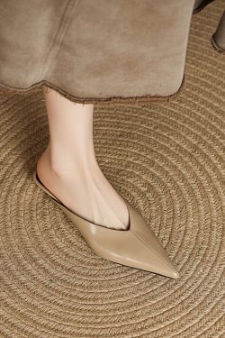 Genuine Leather Pointed Toe Slip-On Mule Slippers for Women - Summer Wedge Closed Toe Outdoor Footwear Fashion