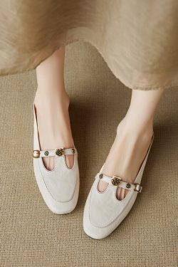 Genuine Leather Round Toe Camellia Lazy Slippers for Women - Retro Summer Outdoor Hidden Height Half Slippers