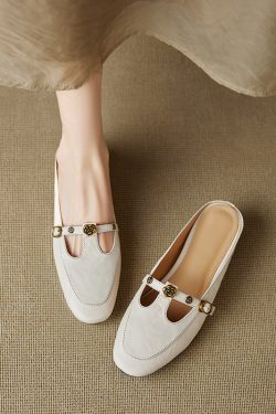 Genuine Leather Round Toe Camellia Lazy Slippers for Women - Retro Summer Outdoor Hidden Height Half Slippers