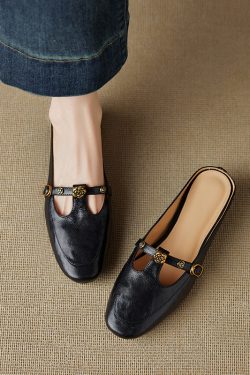 Genuine Leather Round Toe Camellia Lazy Slippers for Women - Retro Summer Outdoor Hidden Height Half Slippers