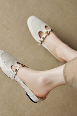 Genuine Leather Round Toe Camellia Lazy Slippers for Women - Retro Summer Outdoor Hidden Height Half Slippers