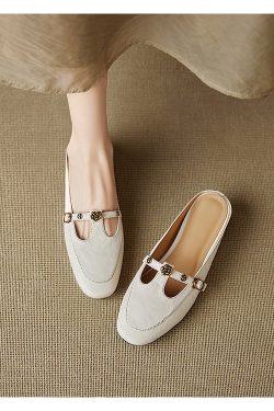 Genuine Leather Round Toe Camellia Lazy Slippers for Women - Retro Summer Outdoor Hidden Height Half Slippers