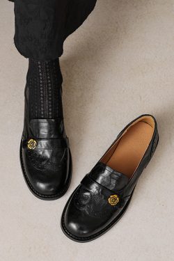 Genuine Leather Round Toe Camellia Loafers for Women, British Style Brogue Carved Flats, Vintage Inspired Footwear