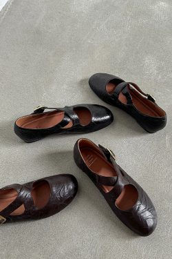 Genuine Leather Round Toe Cross Strap Ballet Flats for Women - Comfortable Spring Slip-On Shoes