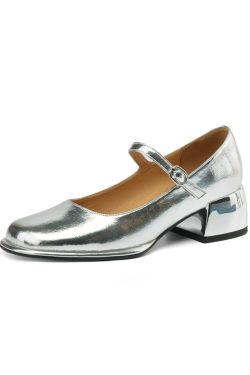 Genuine Leather Round Toe Mid Heel Chunky Mary Jane Shoes for Women - Silver One Strap Design, Spring 2025 Style