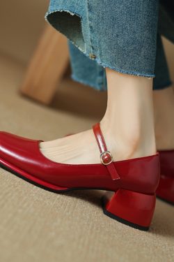 Genuine Leather Round Toe Mid Heel Chunky Mary Jane Shoes for Women - Silver One Strap Design, Spring 2025 Style