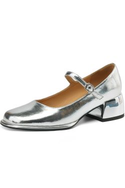 Genuine Leather Round Toe Mid Heel Chunky Mary Jane Shoes for Women - Silver One Strap Design, Spring 2025 Style