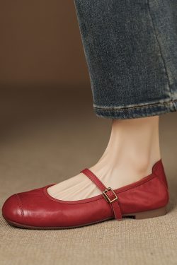 Genuine Leather Round Toe One-Strap Mary Jane Shoes for Women - French Vintage Style Flat Shoes