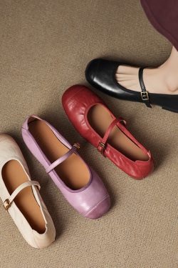 Genuine Leather Round Toe One-Strap Mary Jane Shoes for Women - French Vintage Style Flat Shoes