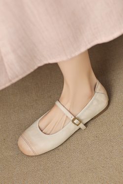 Genuine Leather Round Toe One-Strap Mary Jane Shoes for Women - French Vintage Style Flat Shoes