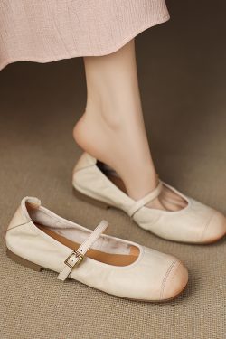 Genuine Leather Round Toe One-Strap Mary Jane Shoes for Women - French Vintage Style Flat Shoes