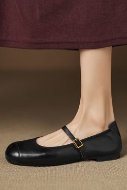 Genuine Leather Round Toe One-Strap Mary Jane Shoes for Women - French Vintage Style Flat Shoes