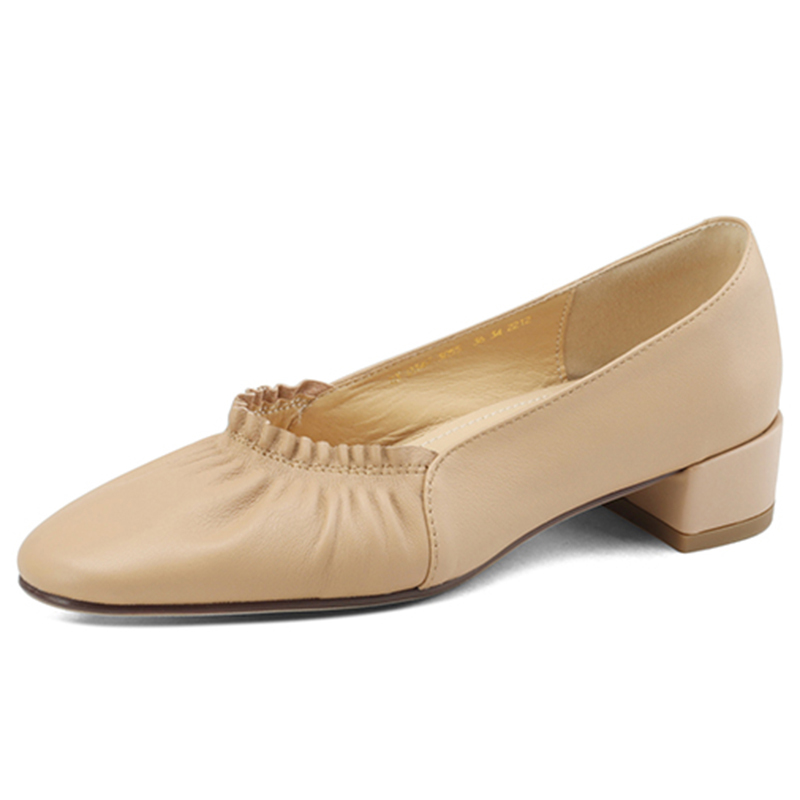 Genuine Leather Round Toe Pleated Chunky Mid-Heel Shoes for Women - Spring Versatile Style, Italian-Inspired Footwear Genuine Leather Round Toe Pleated Chunky Mid-Heel Shoes for Women - Spring Versatile Style, Italian-Inspired Footwear