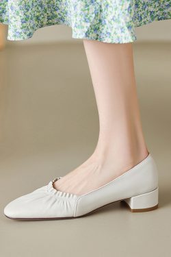 Genuine Leather Round Toe Pleated Chunky Mid-Heel Shoes for Women - Spring Versatile Style, Italian-Inspired Footwear